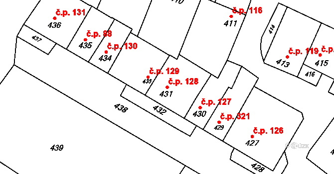 Křelov 128, Křelov-Břuchotín na parcele st. 431 v KÚ Křelov, Katastrální mapa
