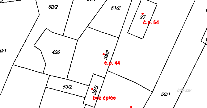 Podolí 44, Bouzov na parcele st. 39/2 v KÚ Podolí u Bouzova, Katastrální mapa
