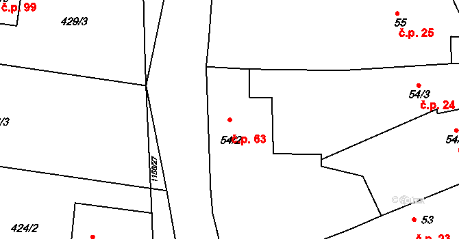 Jezdovice 63 na parcele st. 54/2 v KÚ Jezdovice, Katastrální mapa