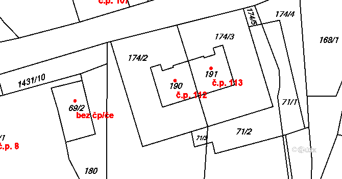 Široký Důl 112 na parcele st. 190 v KÚ Široký Důl, Katastrální mapa