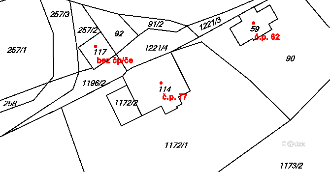 Horská Kamenice 77, Železný Brod na parcele st. 114 v KÚ Horská Kamenice, Katastrální mapa