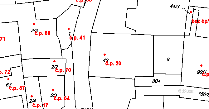Vršovice 20 na parcele st. 43 v KÚ Vršovice u Loun, Katastrální mapa