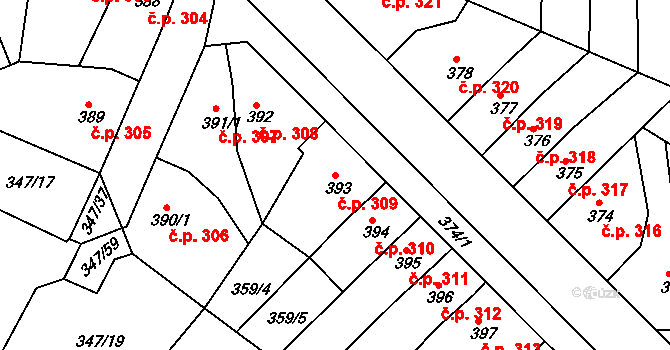 Ledvice 309 na parcele st. 393 v KÚ Ledvice, Katastrální mapa