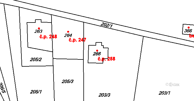 Kocléřov 258, Vítězná na parcele st. 286 v KÚ Kocléřov, Katastrální mapa