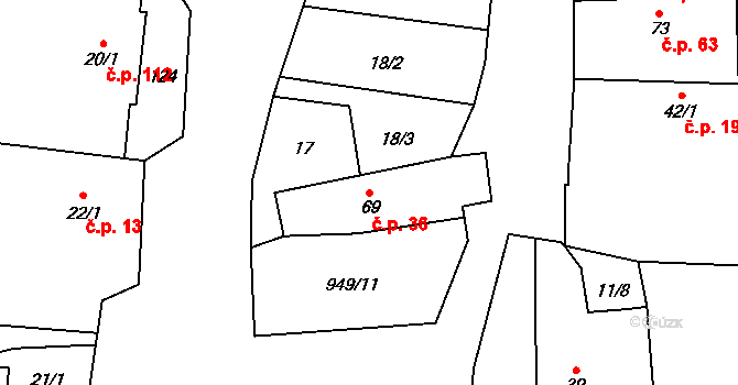 Zavidov 36 na parcele st. 69 v KÚ Zavidov, Katastrální mapa