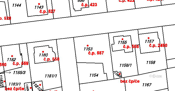 Horní Počernice 557, Praha 11 na parcele st. 1153 v KÚ Horní Počernice, Katastrální mapa