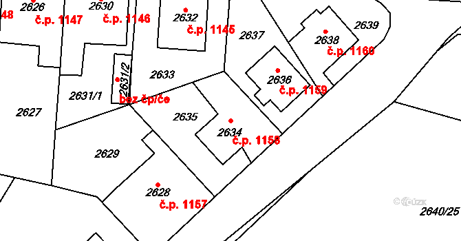 Horní Počernice 1158, Praha na parcele st. 2634 v KÚ Horní Počernice, Katastrální mapa
