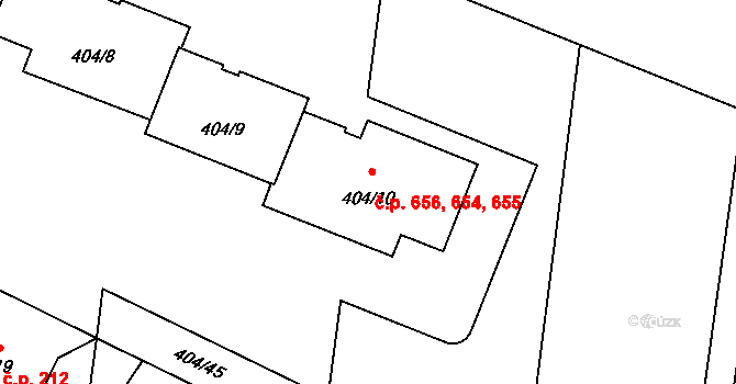 Čimice 654,655,656, Praha na parcele st. 404/10 v KÚ Čimice, Katastrální mapa