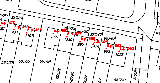 Třebeš 555, Hradec Králové na parcele st. 995 v KÚ Třebeš, Katastrální mapa