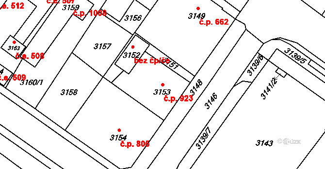 Vsetín 923 na parcele st. 3153 v KÚ Vsetín, Katastrální mapa