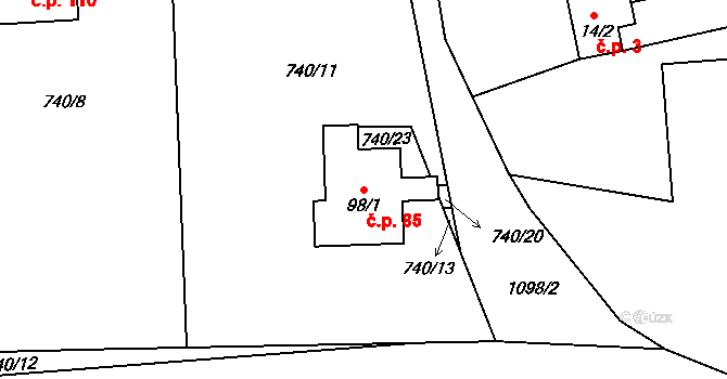 Houdkovice 85, Trnov na parcele st. 98/1 v KÚ Houdkovice, Katastrální mapa