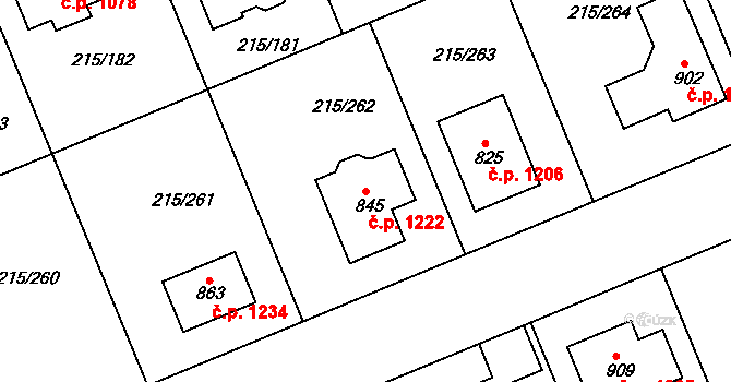 Rudná 1222 na parcele st. 845 v KÚ Hořelice, Katastrální mapa