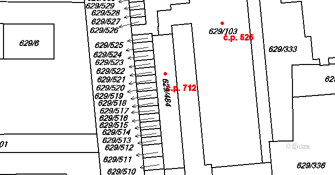 Letňany 712, Praha na parcele st. 629/484 v KÚ Letňany, Katastrální mapa