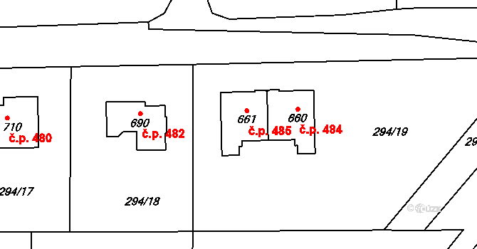Stará Huť 485 na parcele st. 661 v KÚ Stará Huť, Katastrální mapa