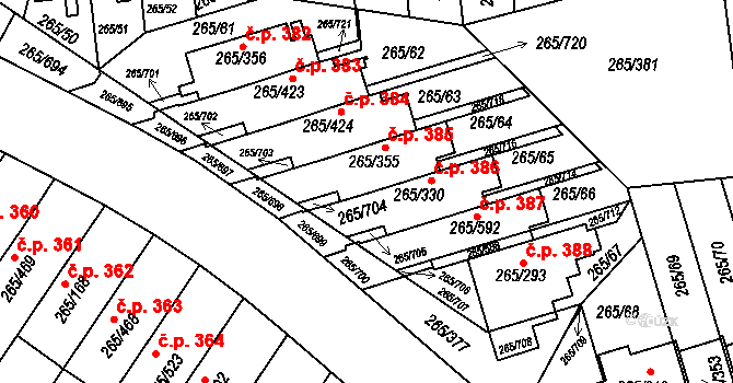 Újezd u Průhonic 385, Praha na parcele st. 265/355 v KÚ Újezd u Průhonic, Katastrální mapa