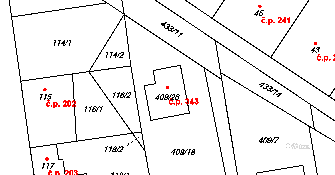 Semice 343 na parcele st. 409/26 v KÚ Semice nad Labem, Katastrální mapa
