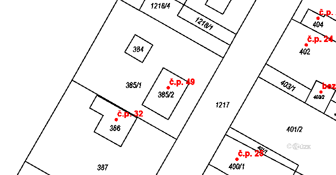Šnepov 49, Ostrá na parcele st. 385/2 v KÚ Ostrá, Katastrální mapa
