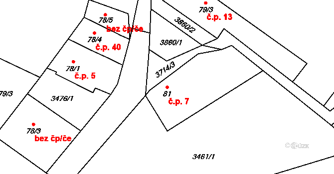 Podělusy 7, Týnec nad Sázavou na parcele st. 81 v KÚ Podělusy, Katastrální mapa