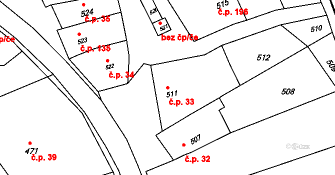 Kobeřice u Brna 33 na parcele st. 511 v KÚ Kobeřice u Brna, Katastrální mapa