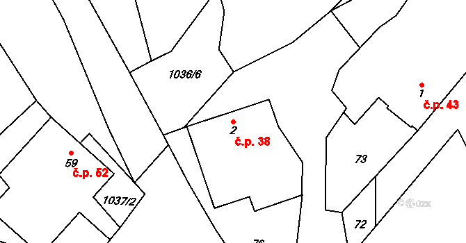 Mlýny 38 na parcele st. 2 v KÚ Mlýny u Choustníku, Katastrální mapa