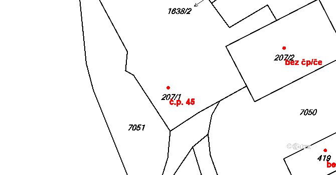 Pocinovice 45 na parcele st. 207/1 v KÚ Pocinovice, Katastrální mapa