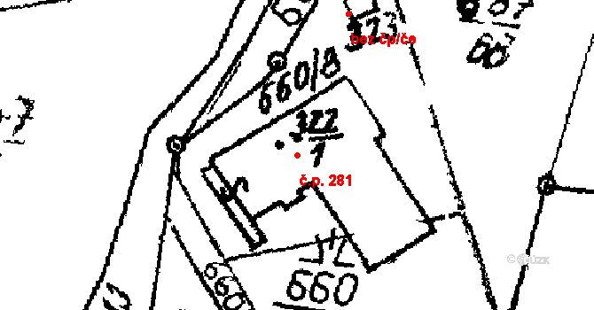 Dlouhá Ves 281 na parcele st. 322/1 v KÚ Dlouhá Ves u Sušice, Katastrální mapa