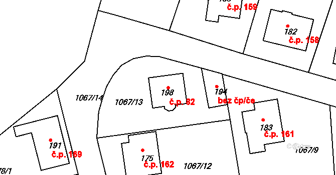Těškov 82 na parcele st. 198 v KÚ Těškov, Katastrální mapa