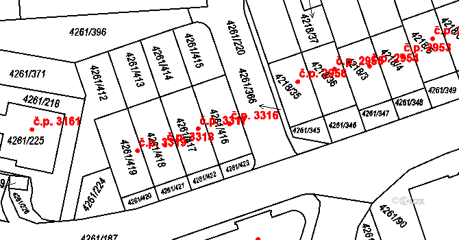 Smíchov 3316, Praha na parcele st. 4261/416 v KÚ Smíchov, Katastrální mapa
