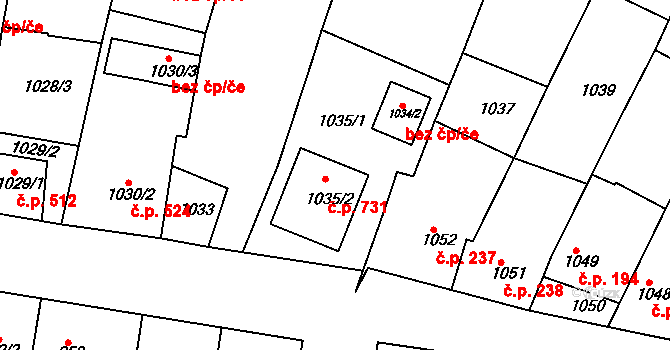 Blučina 731 na parcele st. 1035/2 v KÚ Blučina, Katastrální mapa