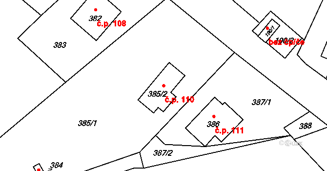 Vlčnov 110, Starý Jičín na parcele st. 385/2 v KÚ Vlčnov u Starého Jičína, Katastrální mapa