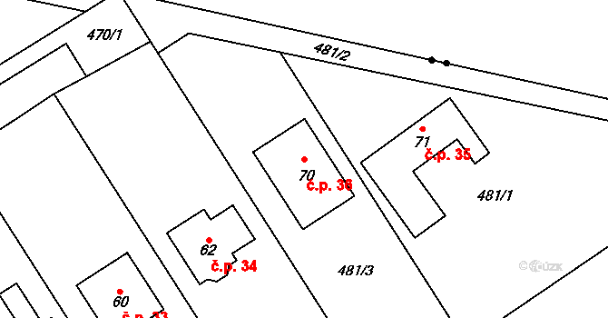 Malá Roudka 36 na parcele st. 70 v KÚ Malá Roudka, Katastrální mapa