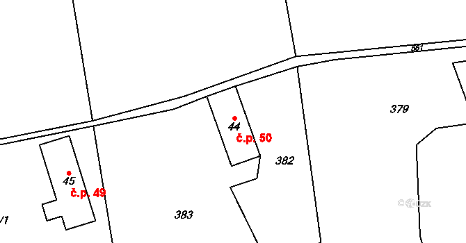Debrné 50, Mostek na parcele st. 44 v KÚ Debrné u Mostku, Katastrální mapa