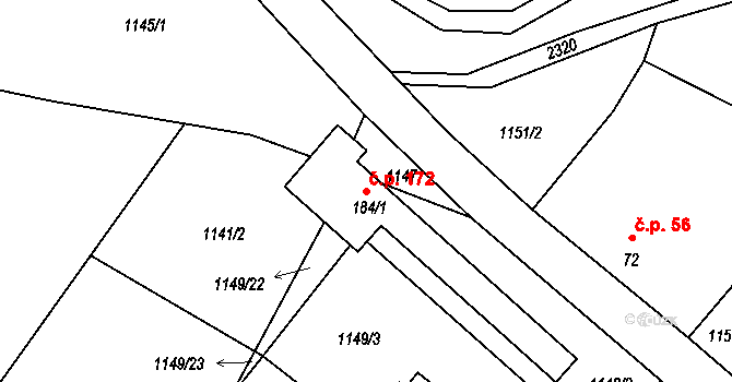 Dlouhá Stropnice 172, Horní Stropnice na parcele st. 184/1 v KÚ Dlouhá Stropnice, Katastrální mapa