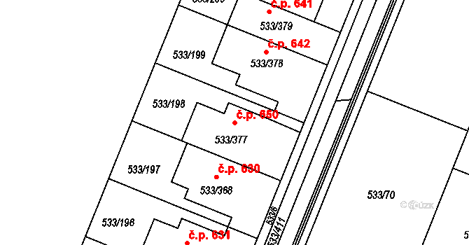 Slavonín 650, Olomouc na parcele st. 533/377 v KÚ Slavonín, Katastrální mapa