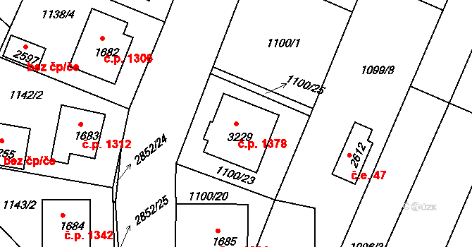 Bystřice pod Hostýnem 1378 na parcele st. 3229 v KÚ Bystřice pod Hostýnem, Katastrální mapa