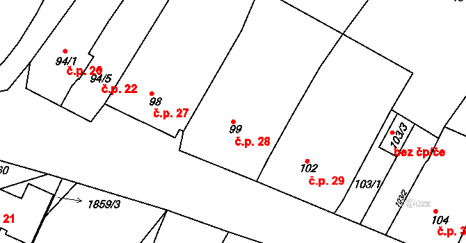 Popice 28, Znojmo na parcele st. 99 v KÚ Popice u Znojma, Katastrální mapa