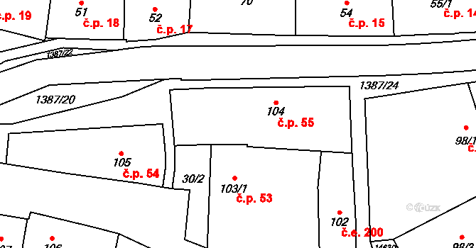 Vranov nad Dyjí 55 na parcele st. 104 v KÚ Vranov nad Dyjí, Katastrální mapa