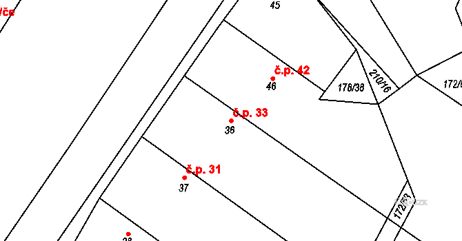 Rašovice 33, Budiměřice na parcele st. 36 v KÚ Rašovice u Nymburka, Katastrální mapa