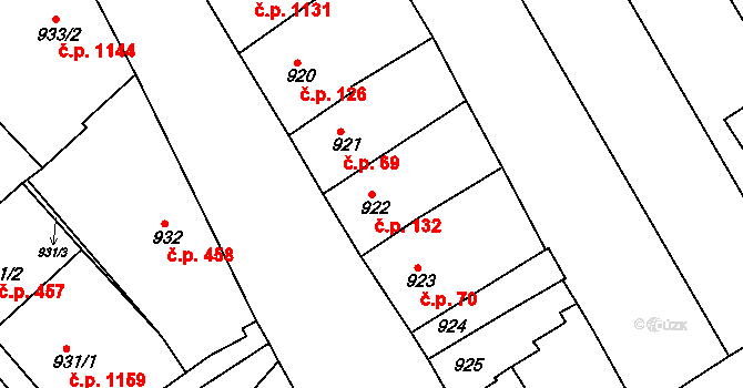 Rousínov 132 na parcele st. 922 v KÚ Rousínov u Vyškova, Katastrální mapa