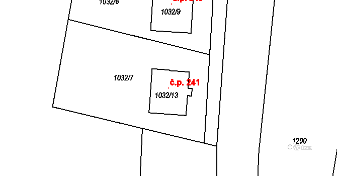 Hlízov 241 na parcele st. 1032/13 v KÚ Hlízov, Katastrální mapa