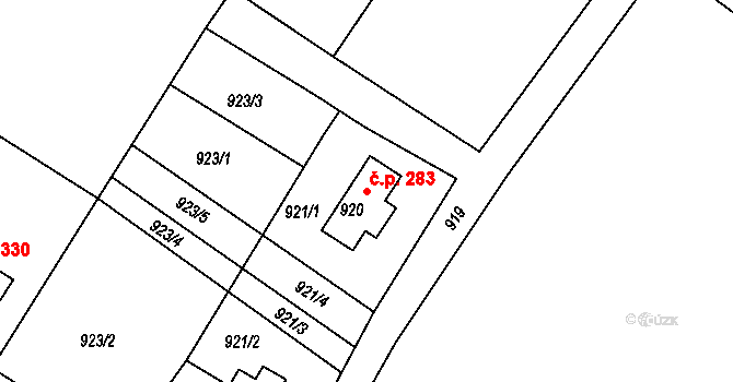 Donín 283, Hrádek nad Nisou na parcele st. 920 v KÚ Donín u Hrádku nad Nisou, Katastrální mapa