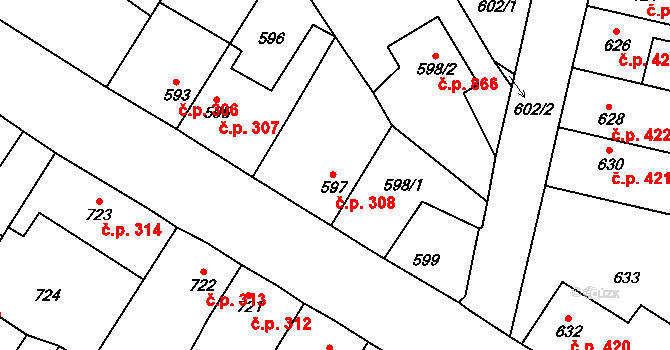Kosmonosy 308 na parcele st. 597 v KÚ Kosmonosy, Katastrální mapa