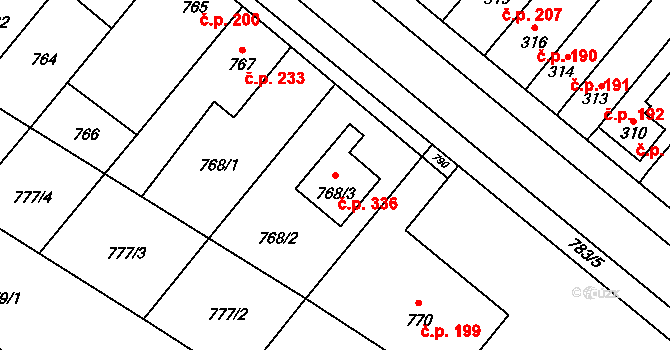 Křelov 336, Křelov-Břuchotín na parcele st. 768/3 v KÚ Křelov, Katastrální mapa
