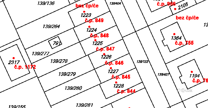 Podklášteří 846, Třebíč na parcele st. 1226 v KÚ Podklášteří, Katastrální mapa