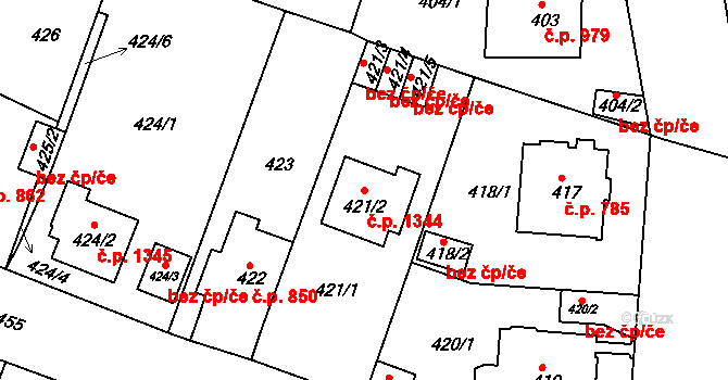 Trnovany 1344, Teplice na parcele st. 421/2 v KÚ Teplice-Trnovany, Katastrální mapa