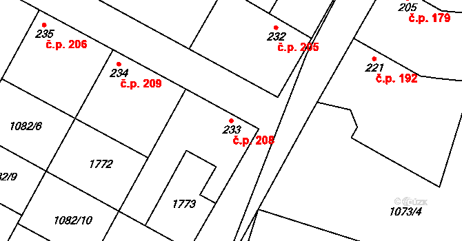Čečelice 208 na parcele st. 233 v KÚ Čečelice, Katastrální mapa