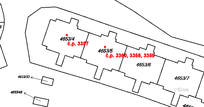 Modřany 3358,3359,3360, Praha na parcele st. 4653/7 v KÚ Modřany, Katastrální mapa