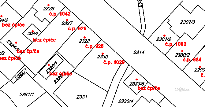 Chomutov 1029 na parcele st. 2330 v KÚ Chomutov I, Katastrální mapa