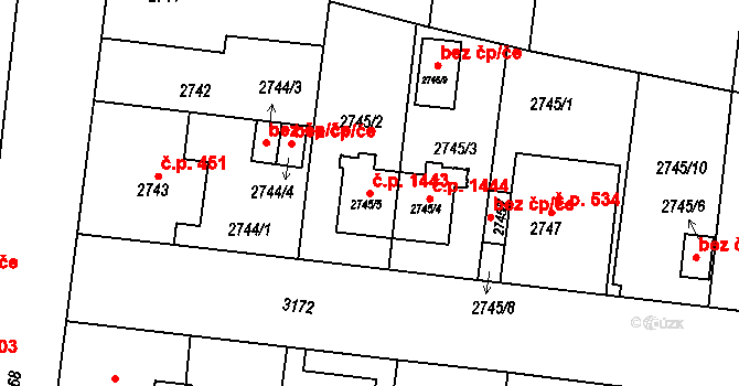 Bolevec 1443, Plzeň na parcele st. 2745/5 v KÚ Bolevec, Katastrální mapa