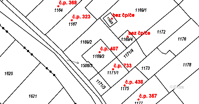 Troubsko 407 na parcele st. 1169/3 v KÚ Troubsko, Katastrální mapa